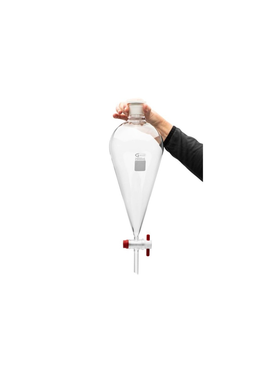 Glass Separatory Funnel with PTFE Stop-Cock and plastic stopper, 2000 mL. PTFE Compliant to ASTM E675, Pk/1