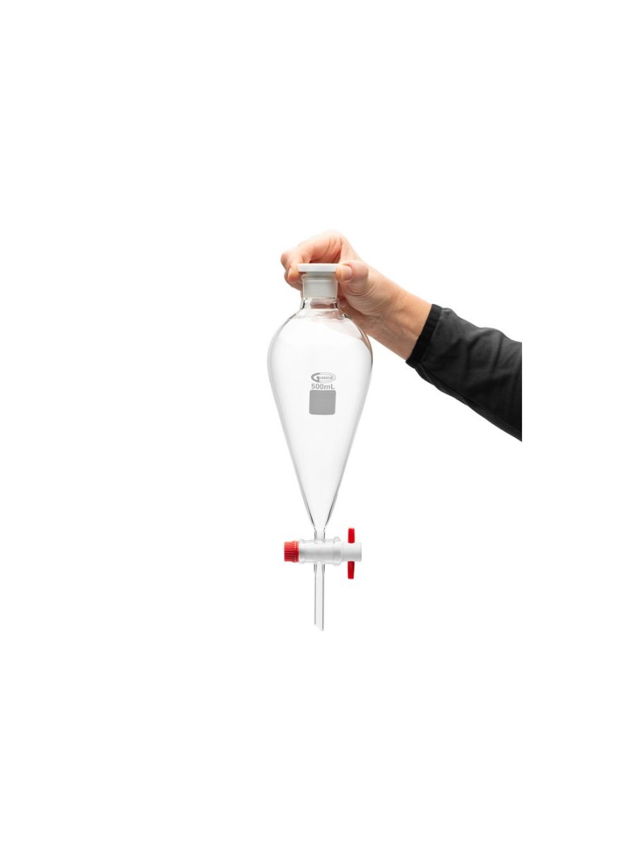 Glass Separatory Funnel with PTFE Stop-Cock and plastic stopper, 500 mL. PTFE Compliant to ASTM E675, Pk/2