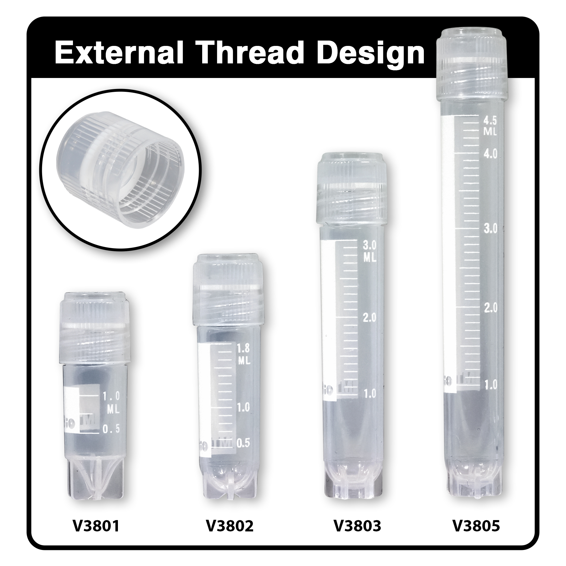 Rose Cryogenic Vials, Externally Threaded Caps with Silicone O-Ring, 1mL, Sterile, Printed Graduations and Marking Area, Self-Standing Star Foot, 50-Place Locking Rack Included with Each Case, 10 Resealable Bags of 50 Tubes, 500/cs